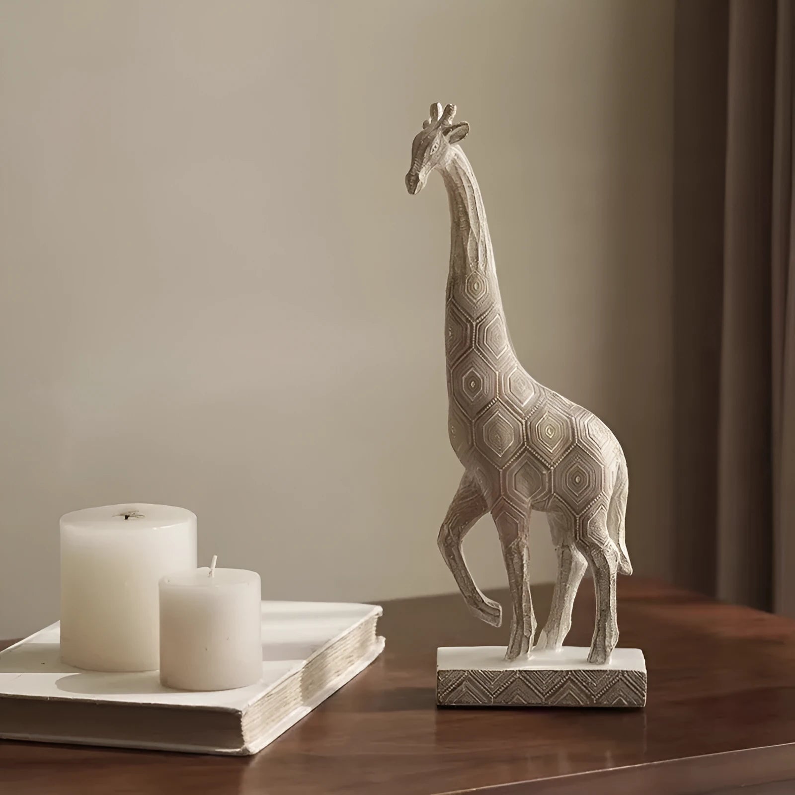 Wood colour synthetic resin giraffe ornament on a table, showing European style and 30.5cm height.