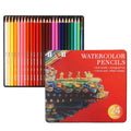 Wooden box open showing 24 water-soluble coloured pencils in various colours.
