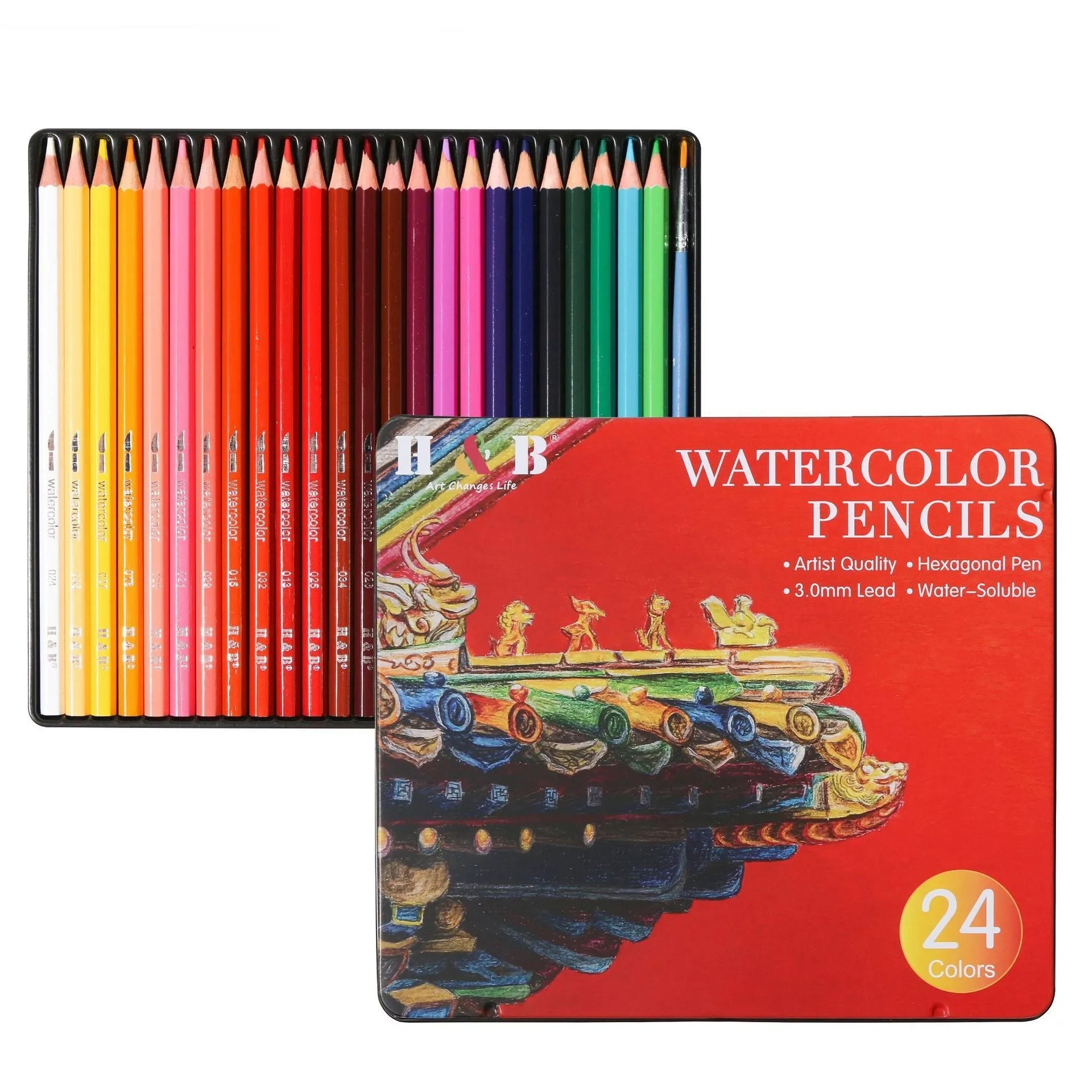 Wooden box open showing 24 water-soluble coloured pencils in various colours.