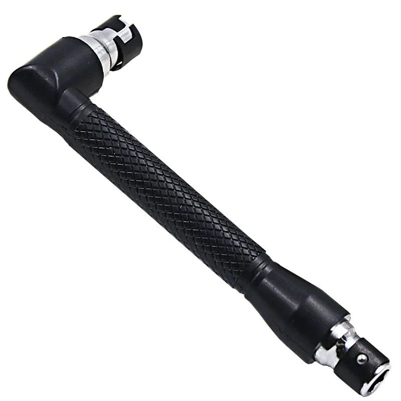 L-shaped double-headed socket wrench handle with set of 10 screwdriver bits and 10 socket wrenches on a workbench