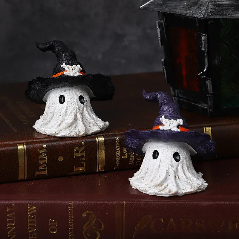 Resin wizard hat ghost ornament in black or purple for holiday decoration.