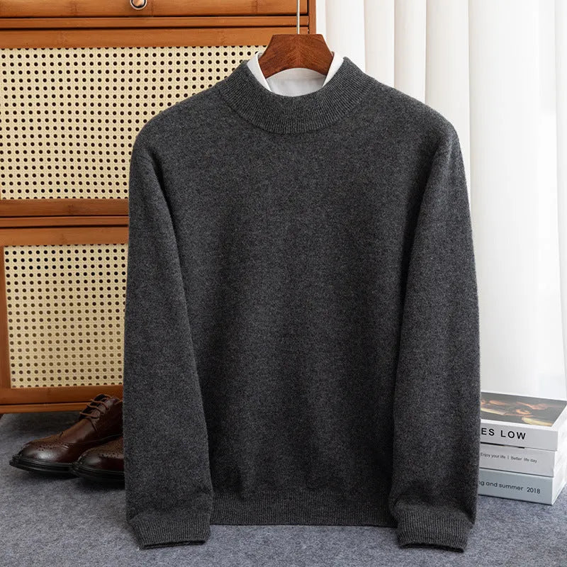 Men's loose fit half-collar wool sweater in a light business style, shown in a range of colours.