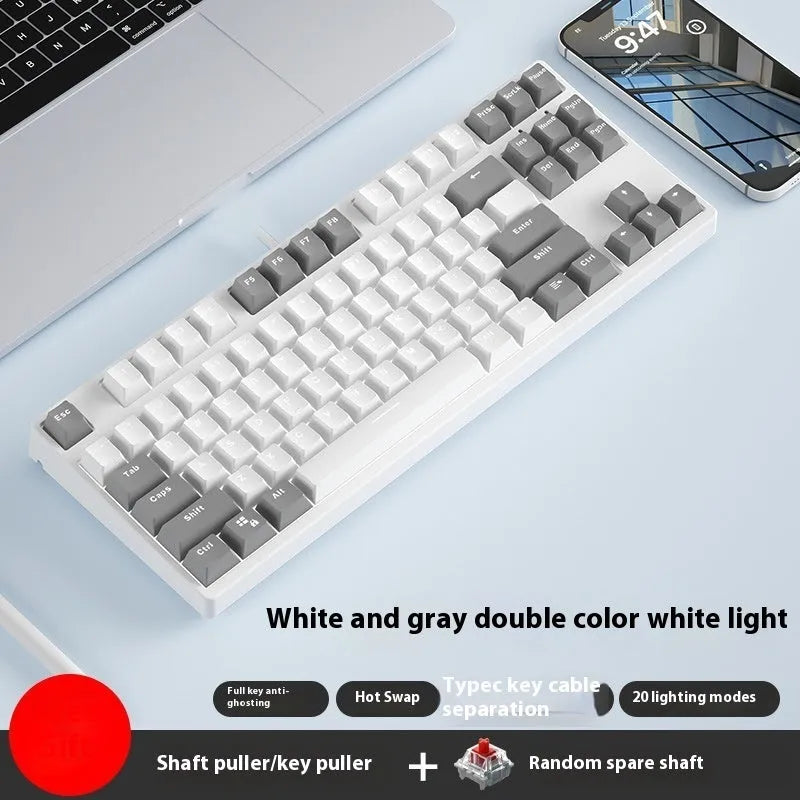 87-key wired mechanical keyboard with hot-swappable sockets showing colour options and included accessories