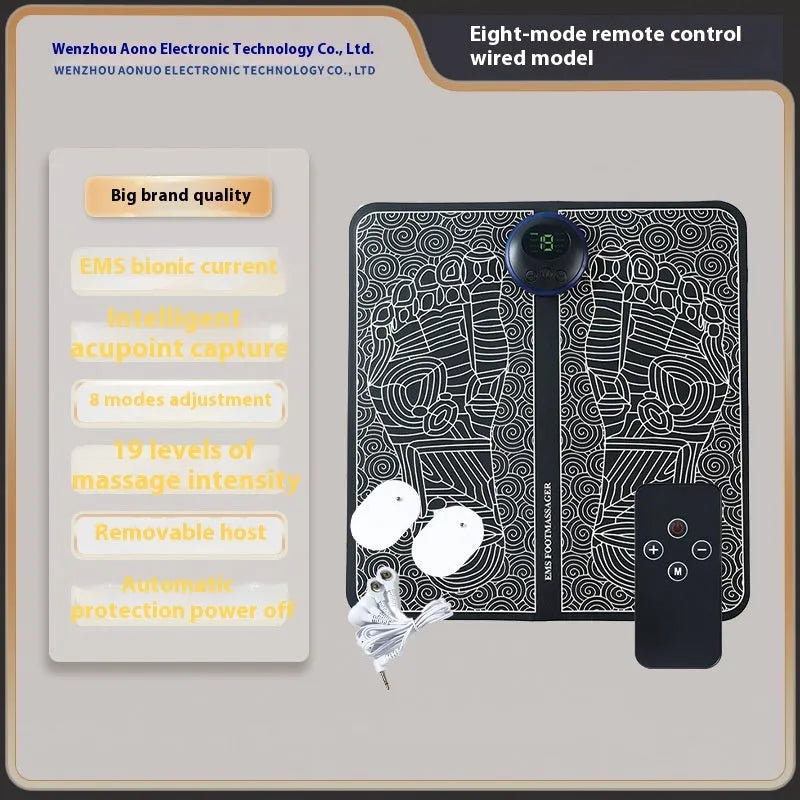 Blue rechargeable foot massager mat with USB cable and push-button controls on a floor.