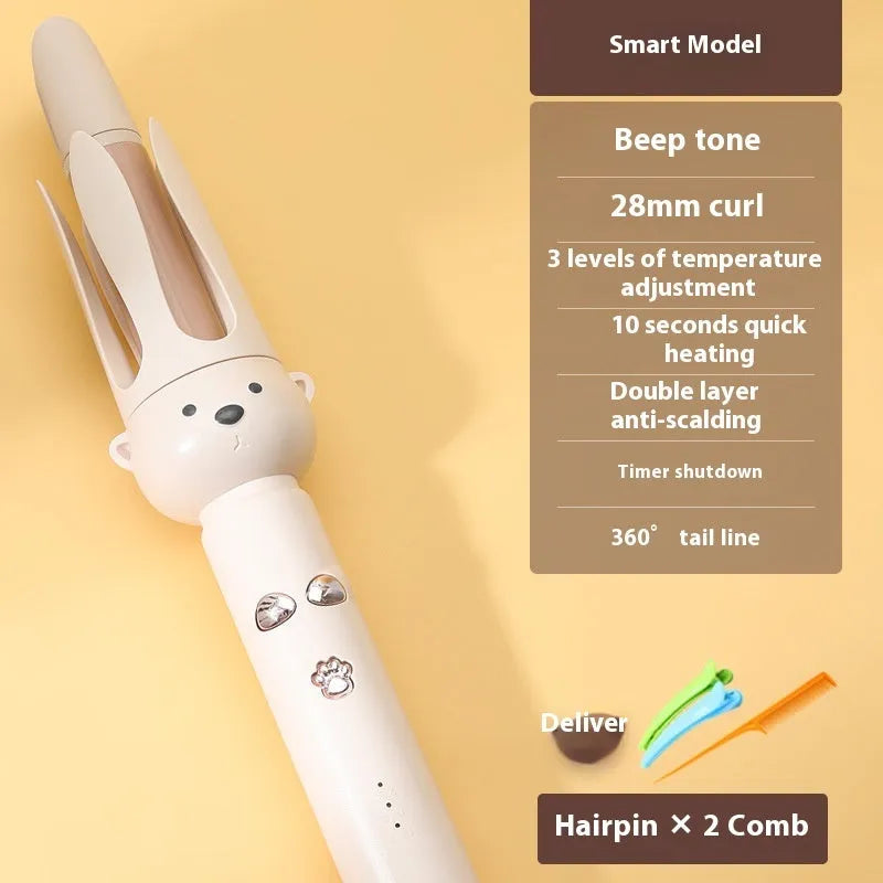 Beige automatic hair curler with rotating barrel and negative ion technology