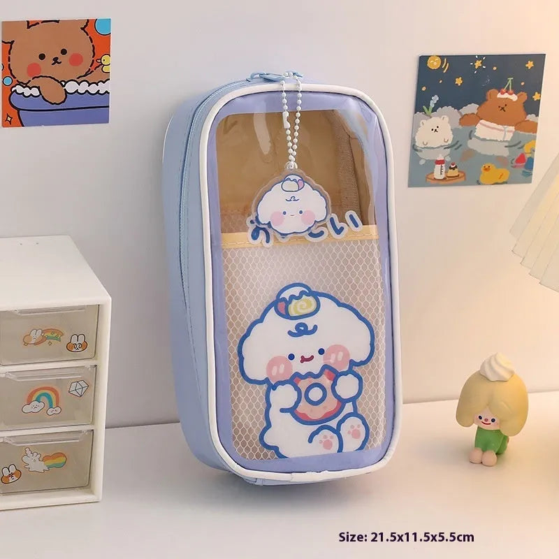 Transparent cartoon pencil case with large capacity and vertical South Korea style patterns