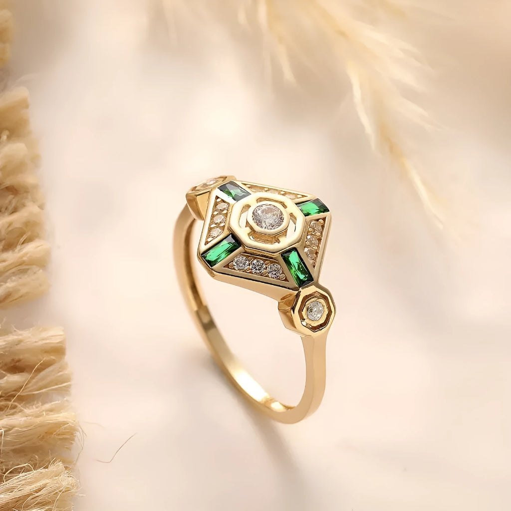 Emerald green square diamond ring with geometric design and electroplated finish