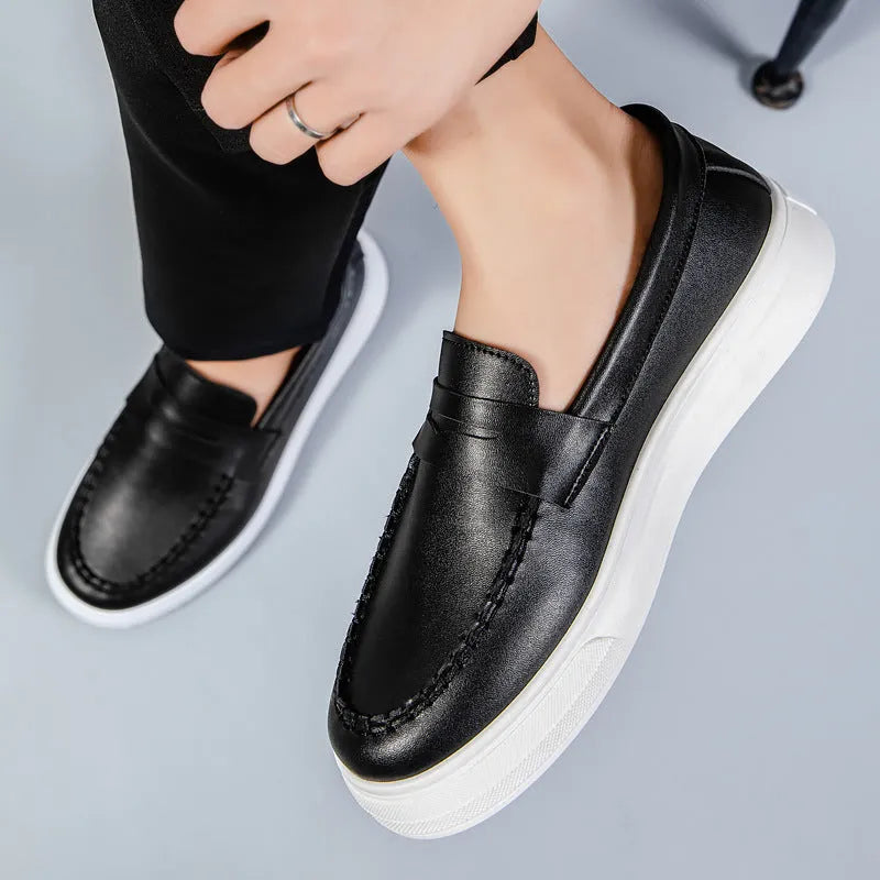 Casual slip-on shoes in white, black and white, and khaki colours with round toe design