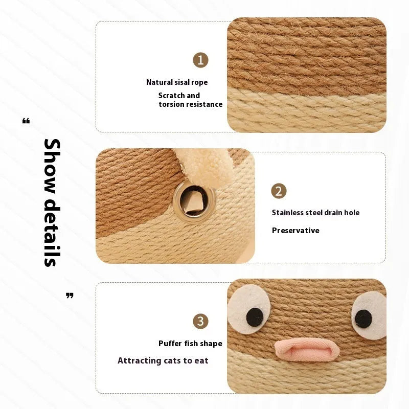 Puffer leakage food feeder, a 15cm sisal hemp cube puzzle toy for dogs and cats.
