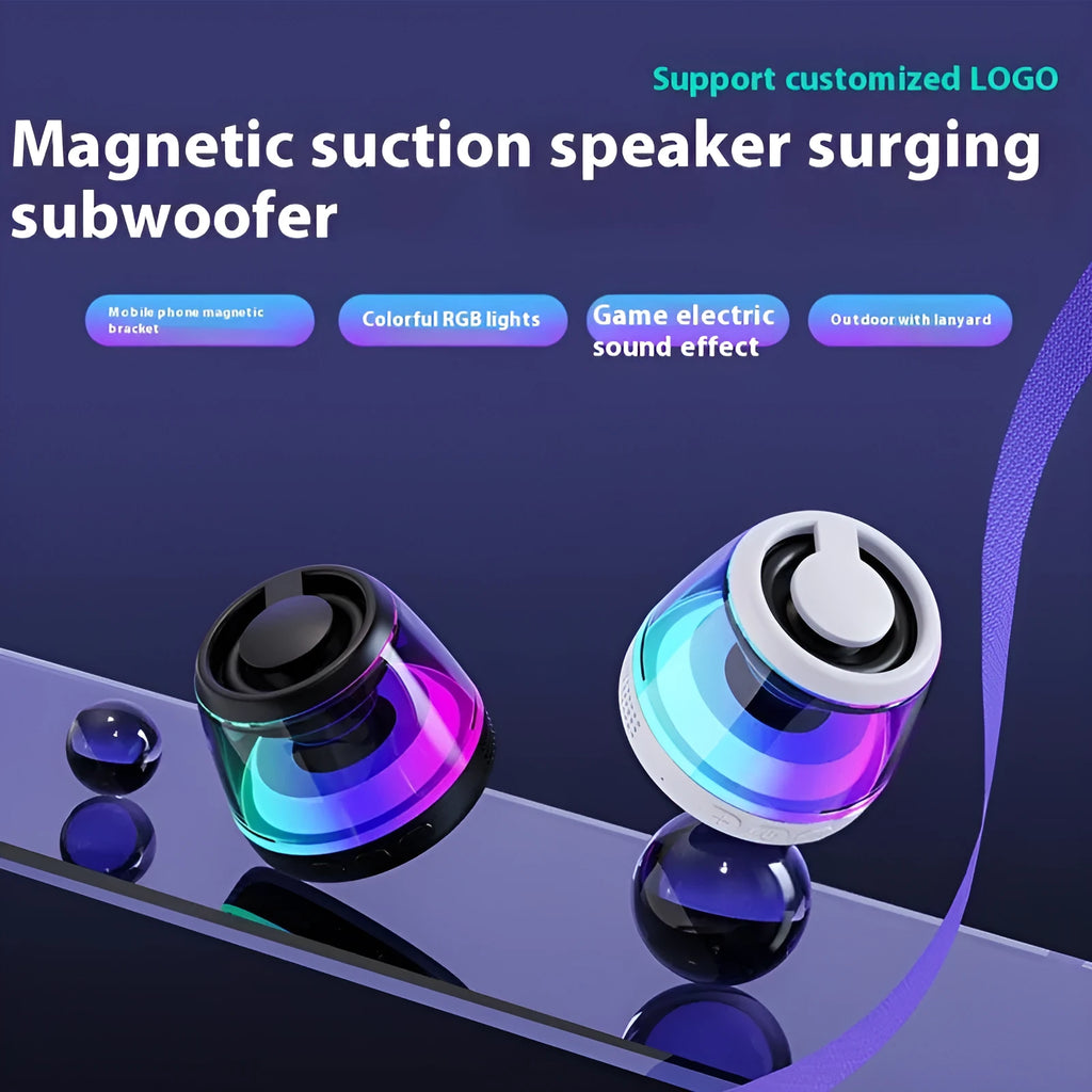 Small black or white portable Bluetooth speaker with a magnetic base and built-in lighting.
