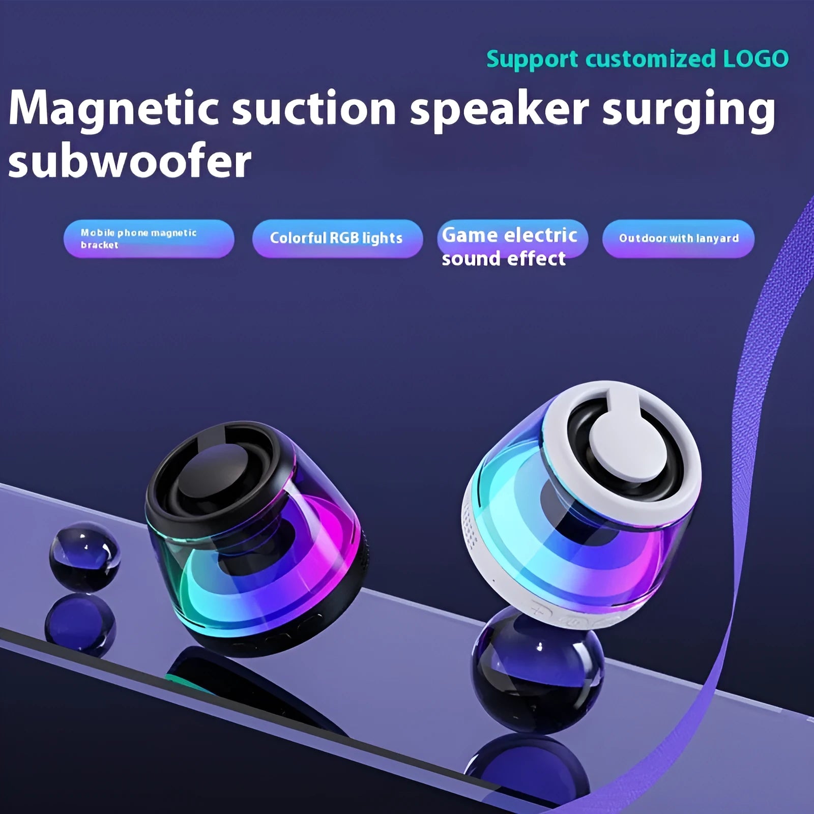 Small black or white portable Bluetooth speaker with a magnetic base and built-in lighting.