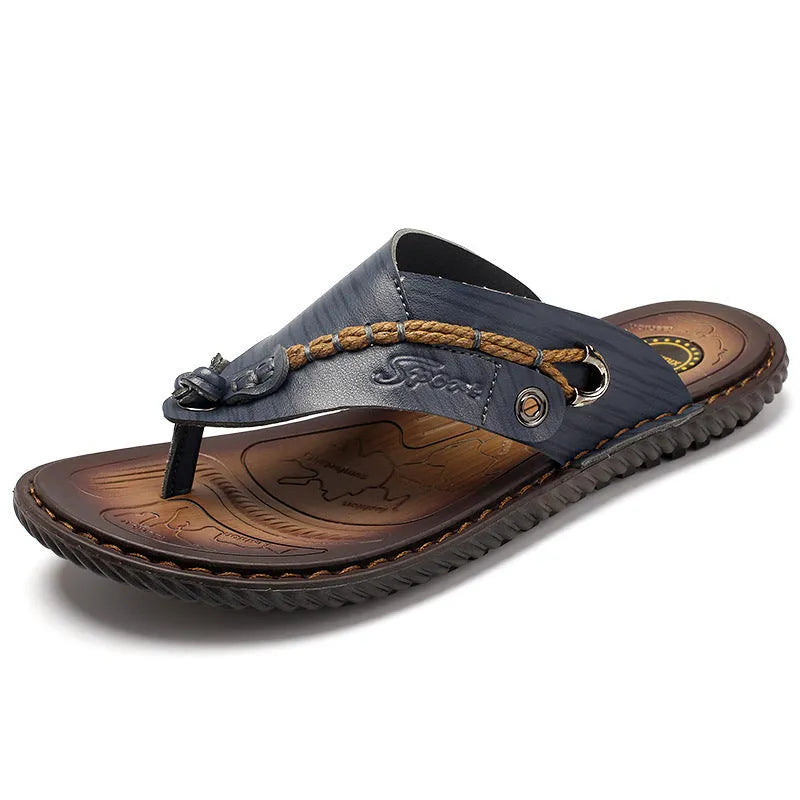 Men's non-slip slippers in light brown with a PU leather upper and textured rubber outsole.
