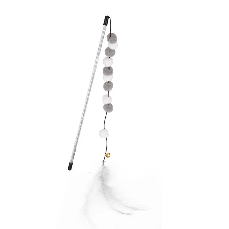 31cm acrylic cat teaser rod with bell and contrasting pompon feather in four colour options