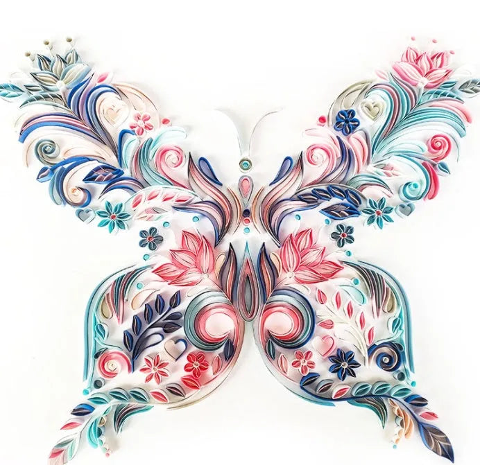 20-inch butterfly quilling craft kit with paper illustration, tools, and blue or pink colour options