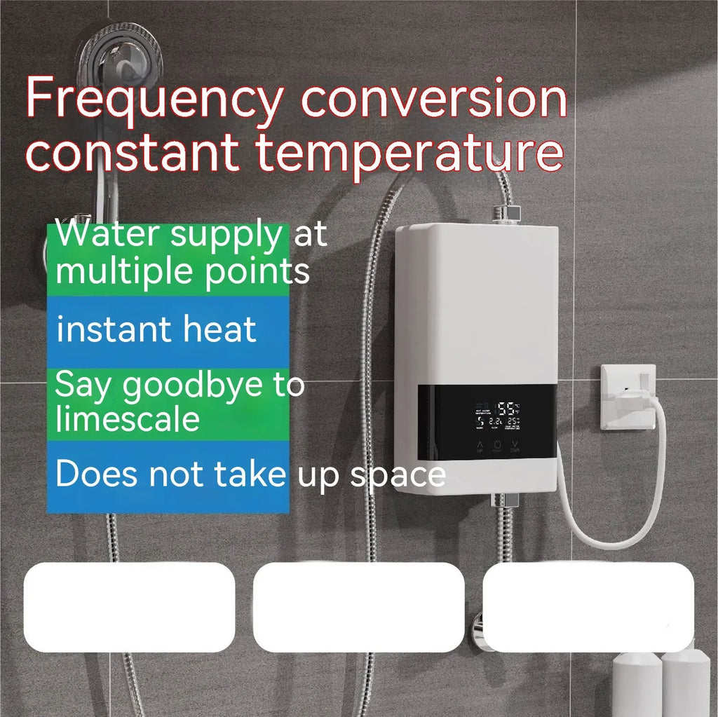 Gold and white instant electric water heater with LED touch screen and cast aluminum body for kitchen and shower use