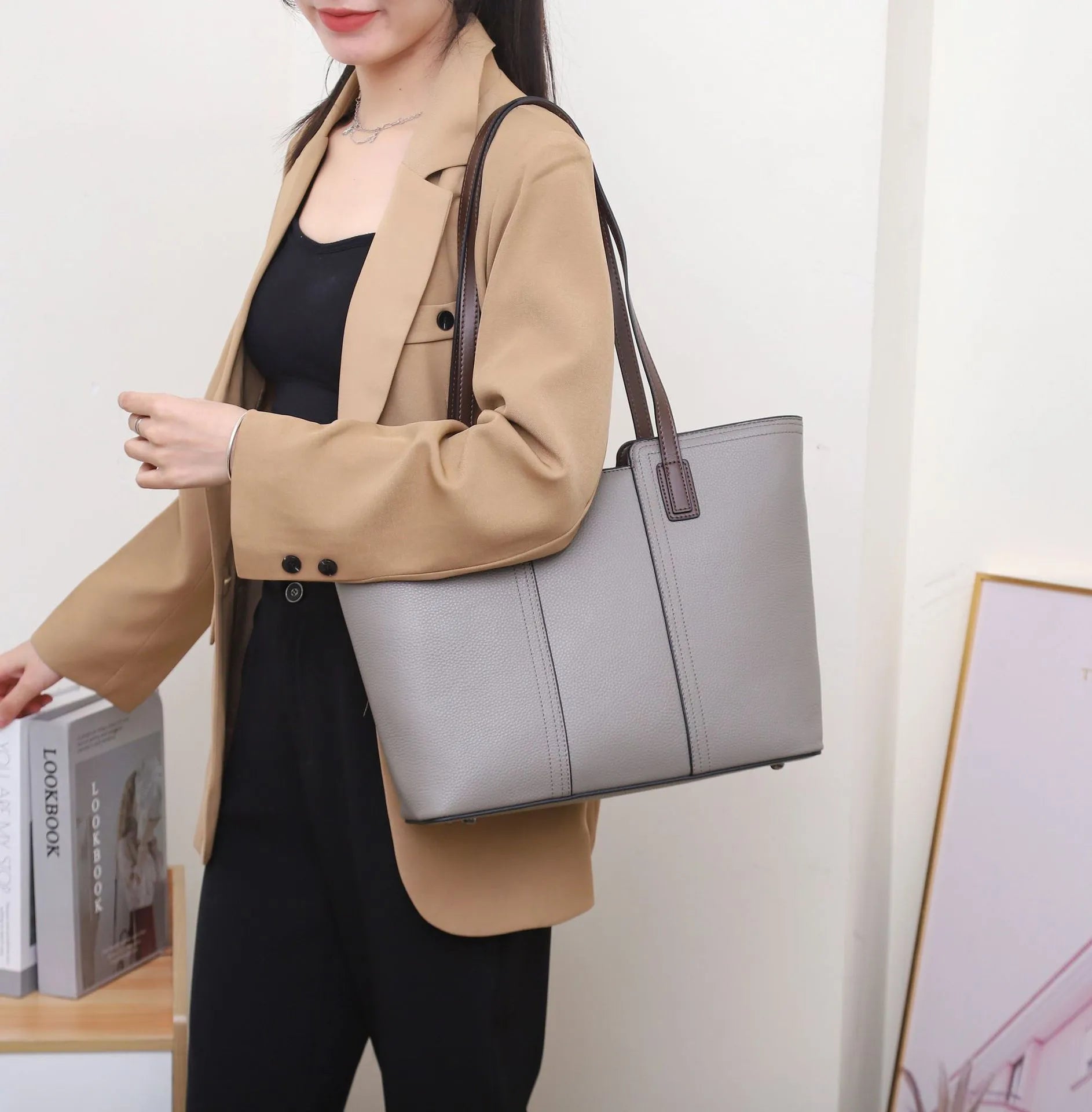 Women's genuine leather shoulder bag in box-type design with mobile phone compartment, shown in multiple colour options