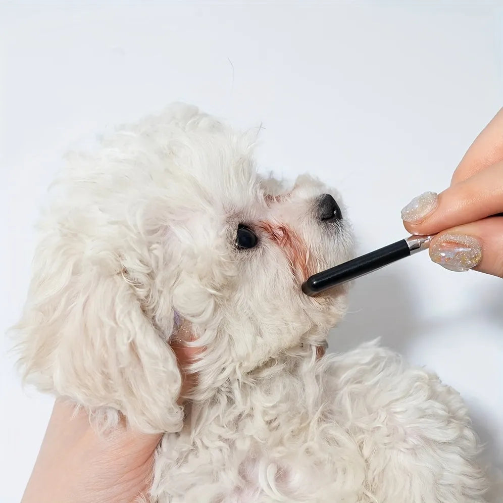 Black pet grooming brush with a soft rubber tear stain remover tool and a plastic comb on an ambidextrous handle.