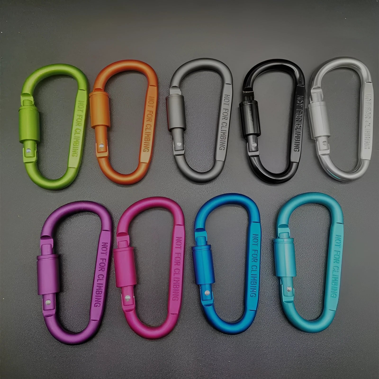 D-type aluminium climbing carabiner with twist-lock gate in multiple colour options showing 8cm flat profile