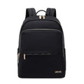 Oxford cloth women's backpack in black and purplish grey, showing large capacity and shoulder straps.