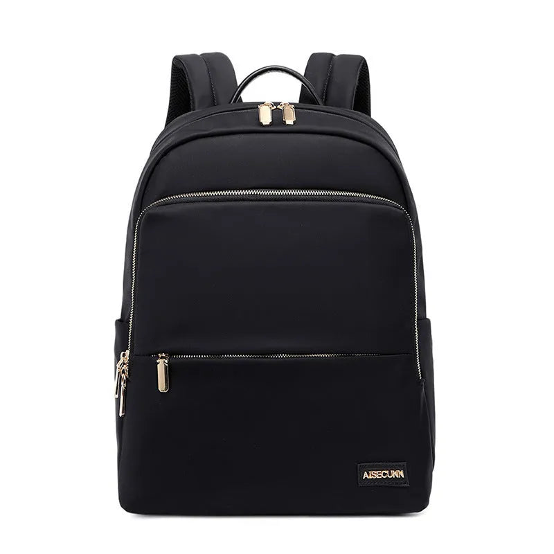 Oxford cloth women's backpack in black and purplish grey, showing large capacity and shoulder straps.