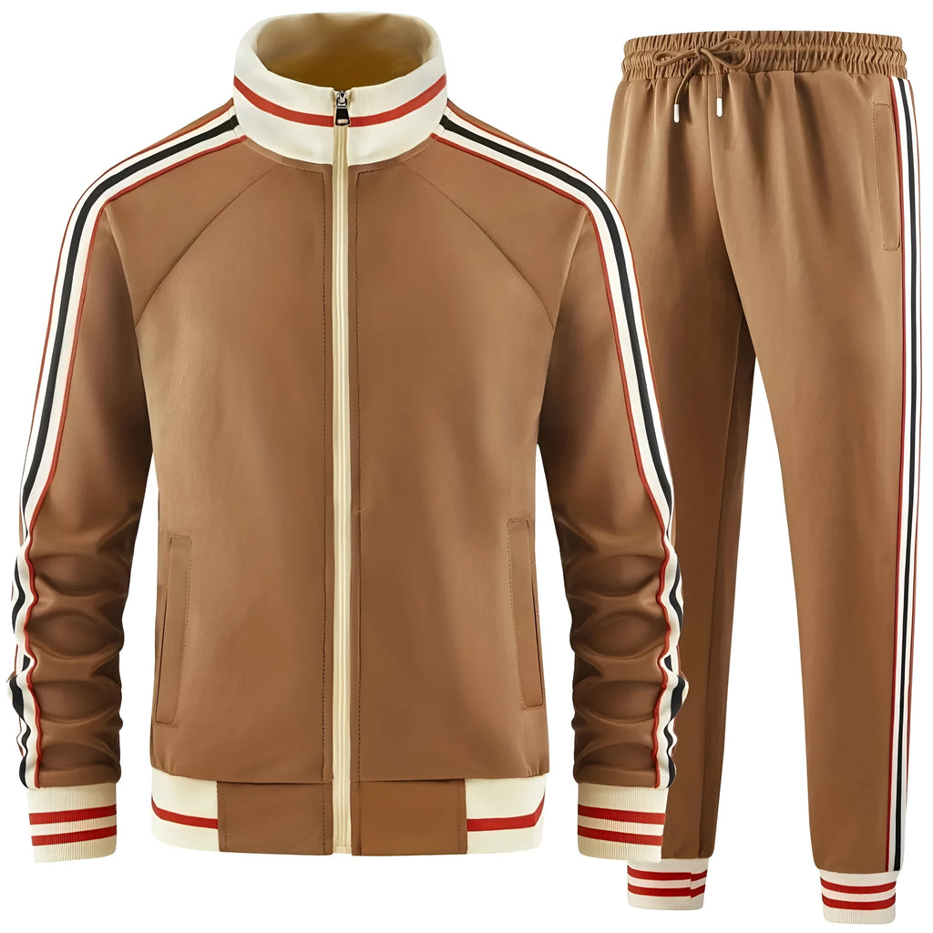 Man wearing a khaki coloured turtleneck zipper cardigan top and matching trousers street style suit set.