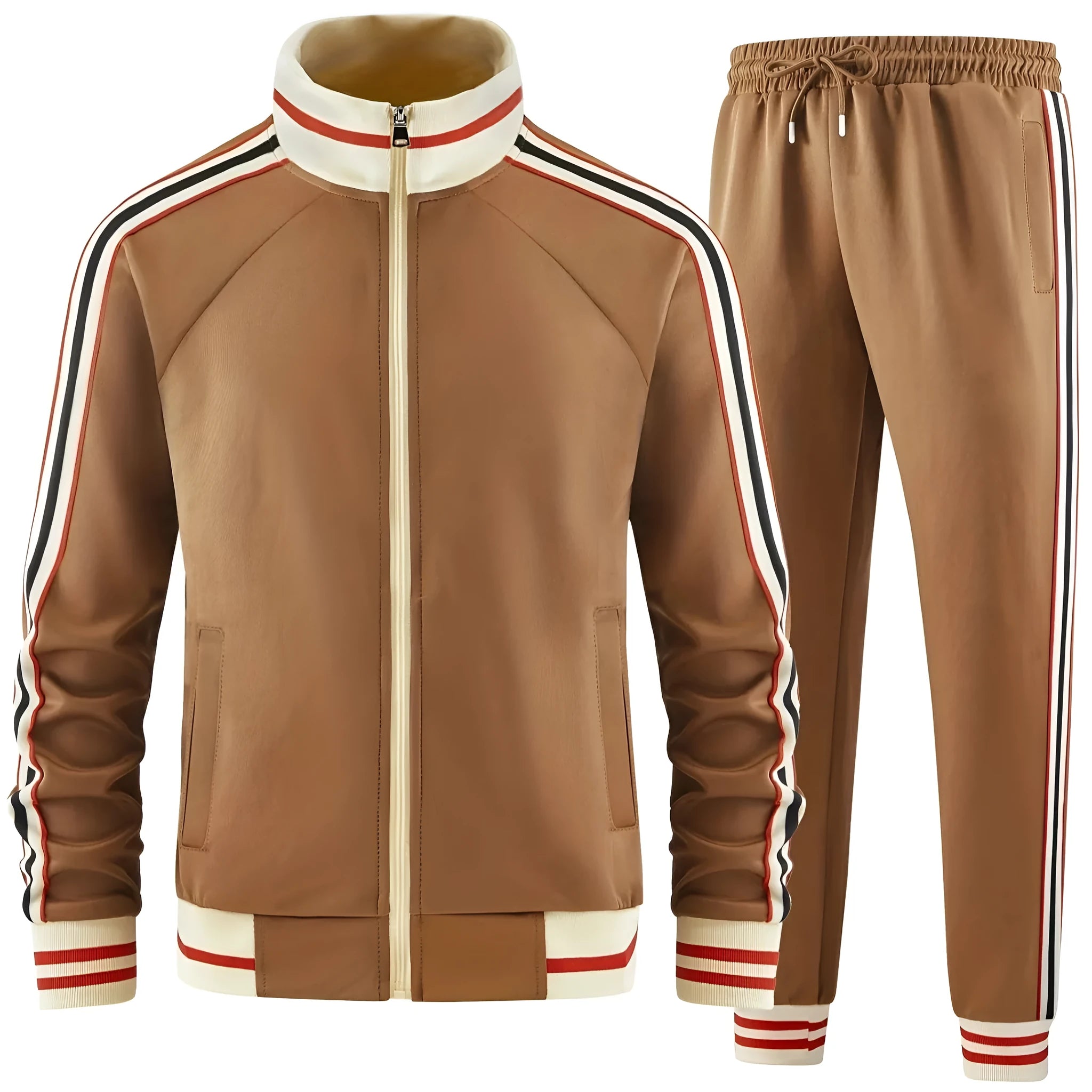 Man wearing a khaki coloured turtleneck zipper cardigan top and matching trousers street style suit set.