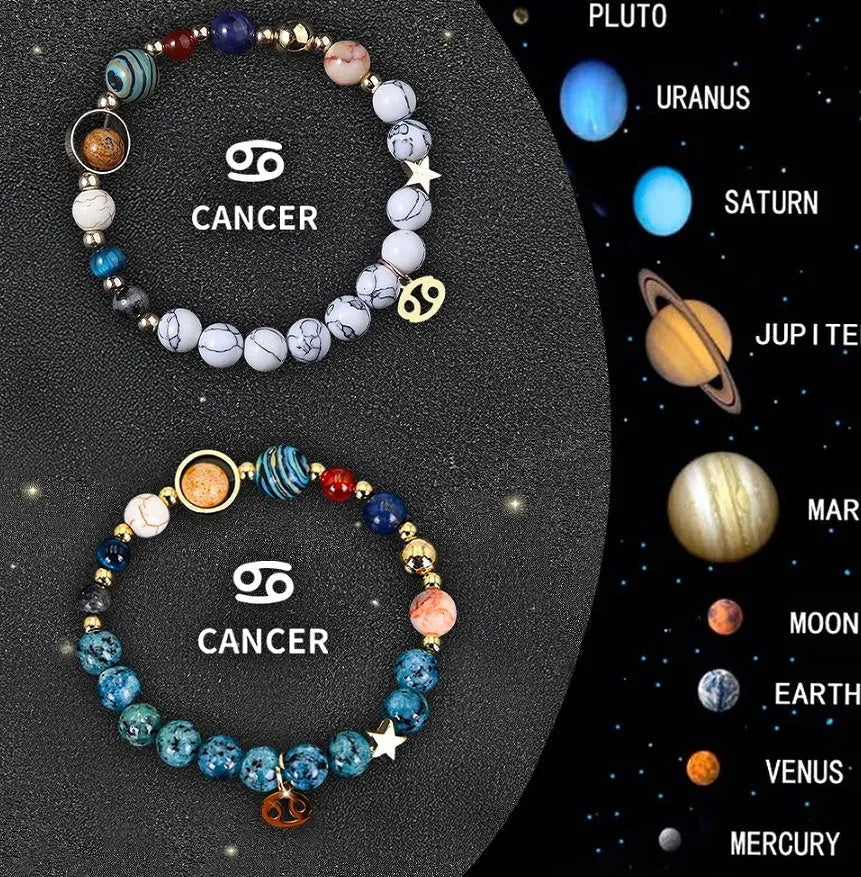 Set of twelve natural stone bead bracelets laid out, each representing a different zodiac sign.