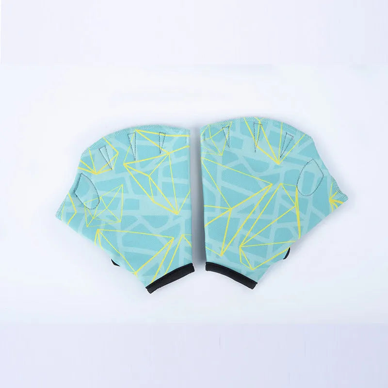 Duck feet webbed swimming gloves in nylon material showing colour print options