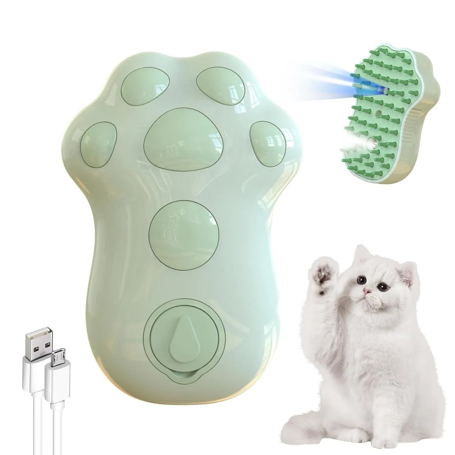Blue self-cleaning cat steam brush with silicone massage bristles and a release button.