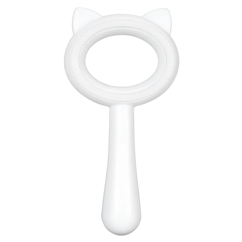Blue and white dual-sided pet grooming brush with ergonomic handle for cats and dogs.