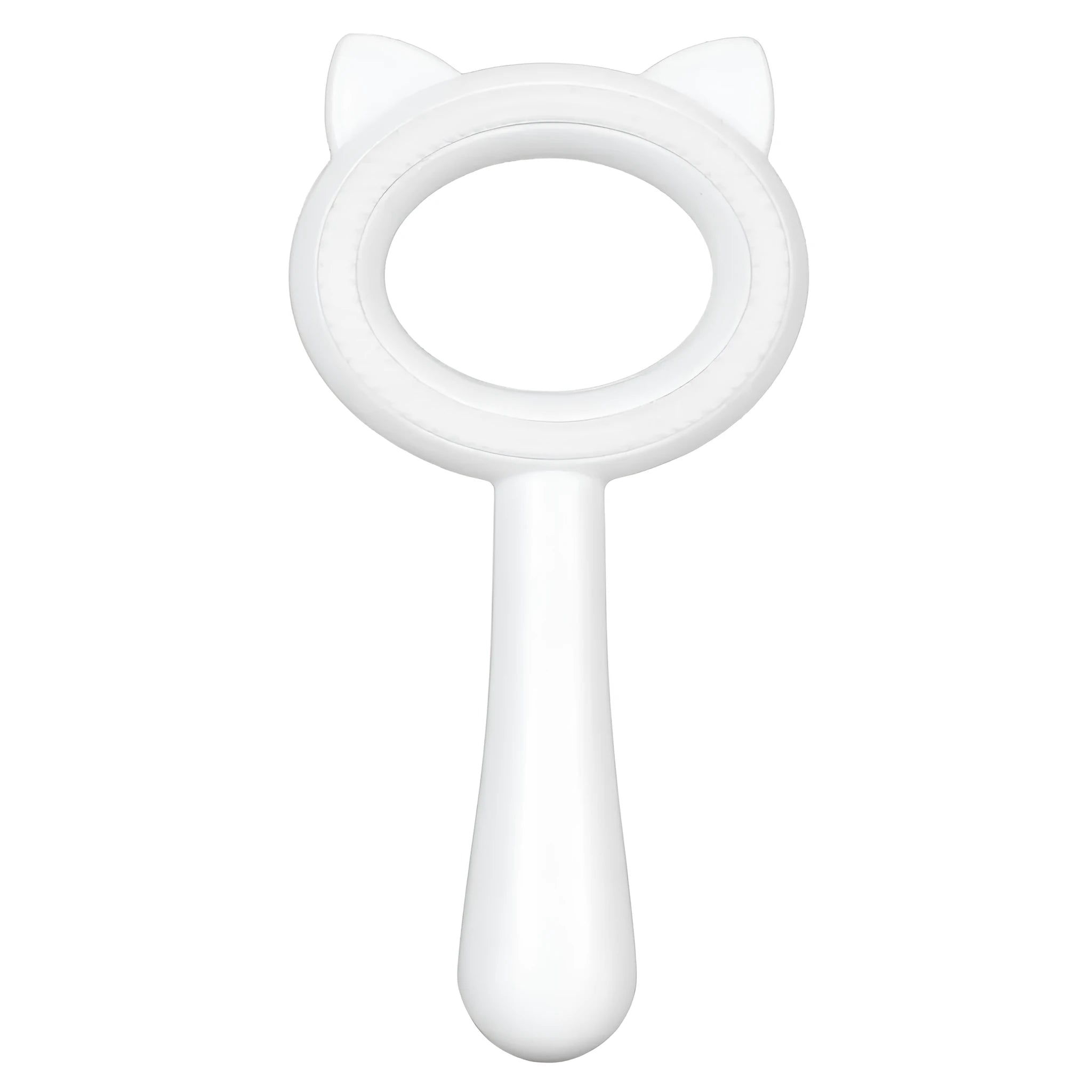 Blue and white dual-sided pet grooming brush with ergonomic handle for cats and dogs.