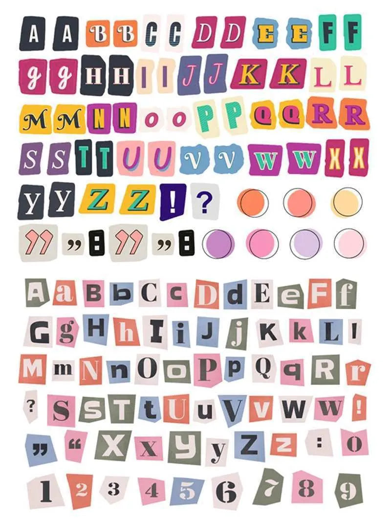 Set of cute printed English letter and weekly word stickers for labelling and crafts.