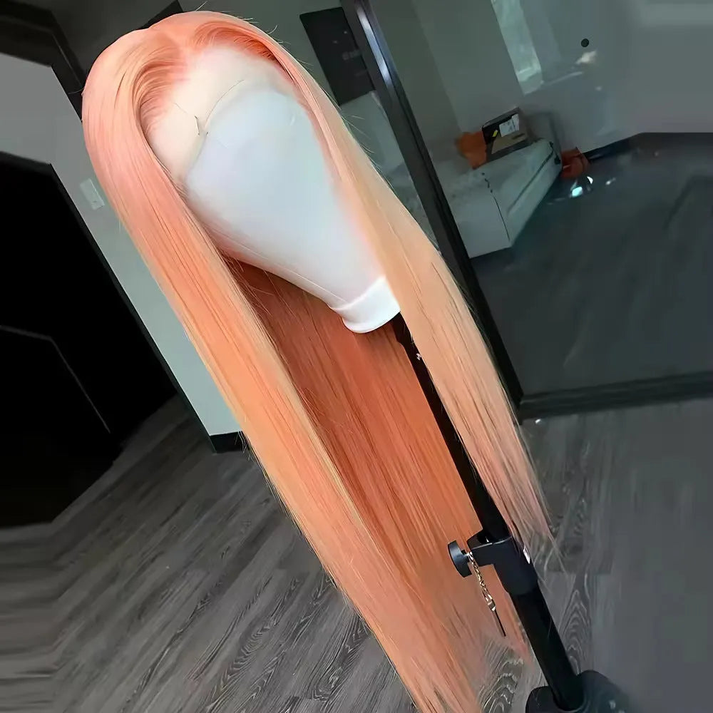Light orange long straight front lace synthetic wig with side bangs on a wig stand