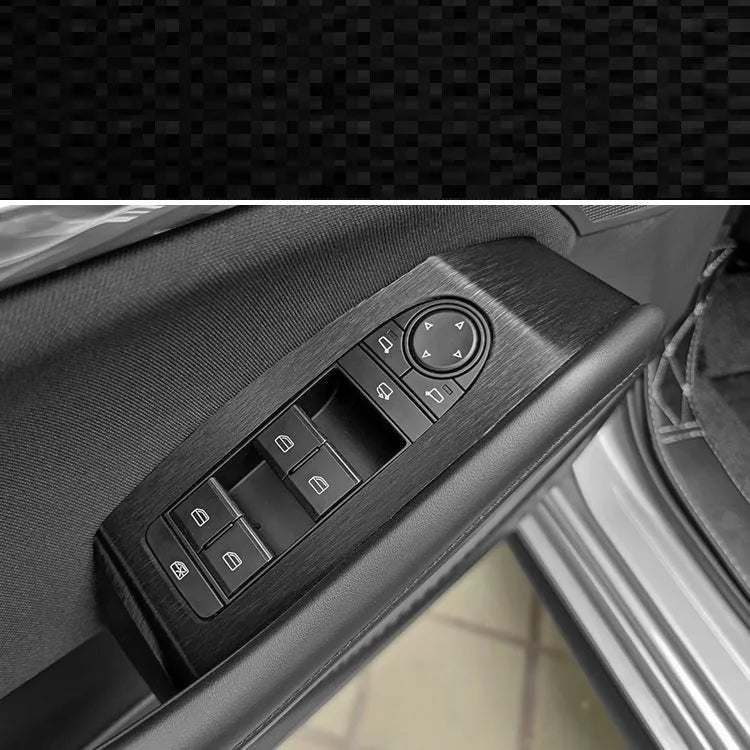 Unksera car interior decorative film sticker kit showing dashboard and centre console application with carbon fibre finish