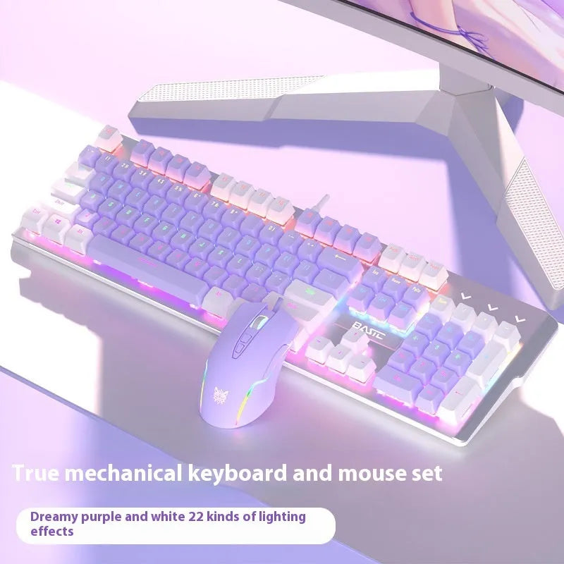 Purple and white wired mechanical keyboard and mouse combo set with backlit keys on a desk.