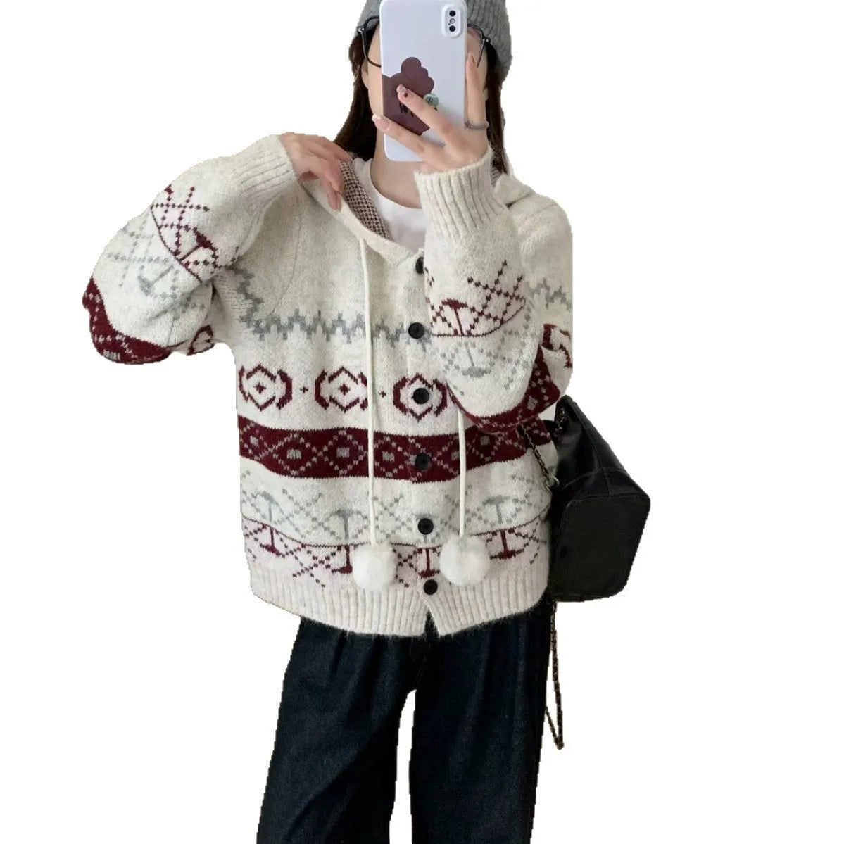 Women's loose fit geometric pattern brocade sweater coat in beige, free size.