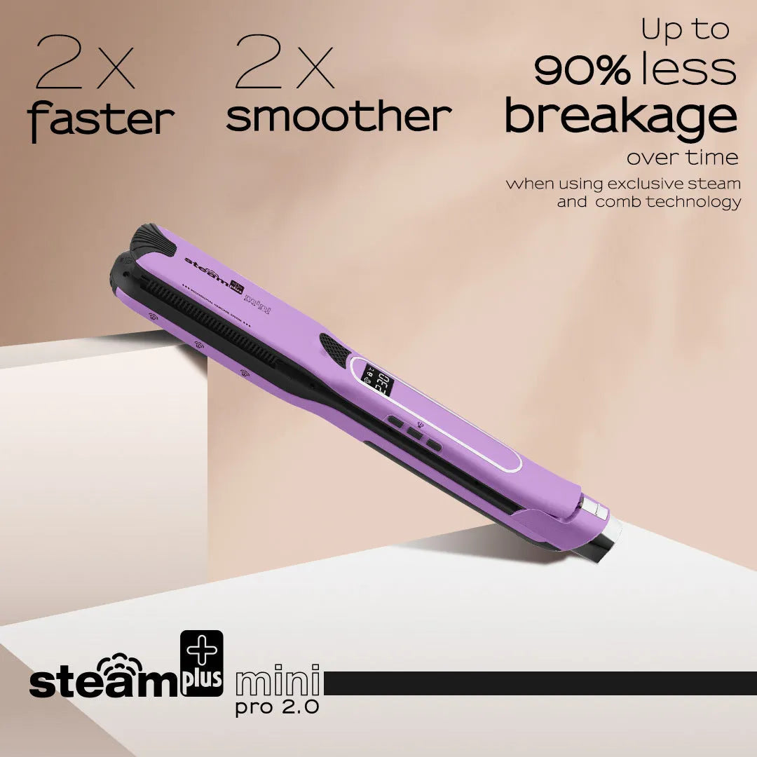 Mini hair straightener with steam spray function in rose red colour on a white background.