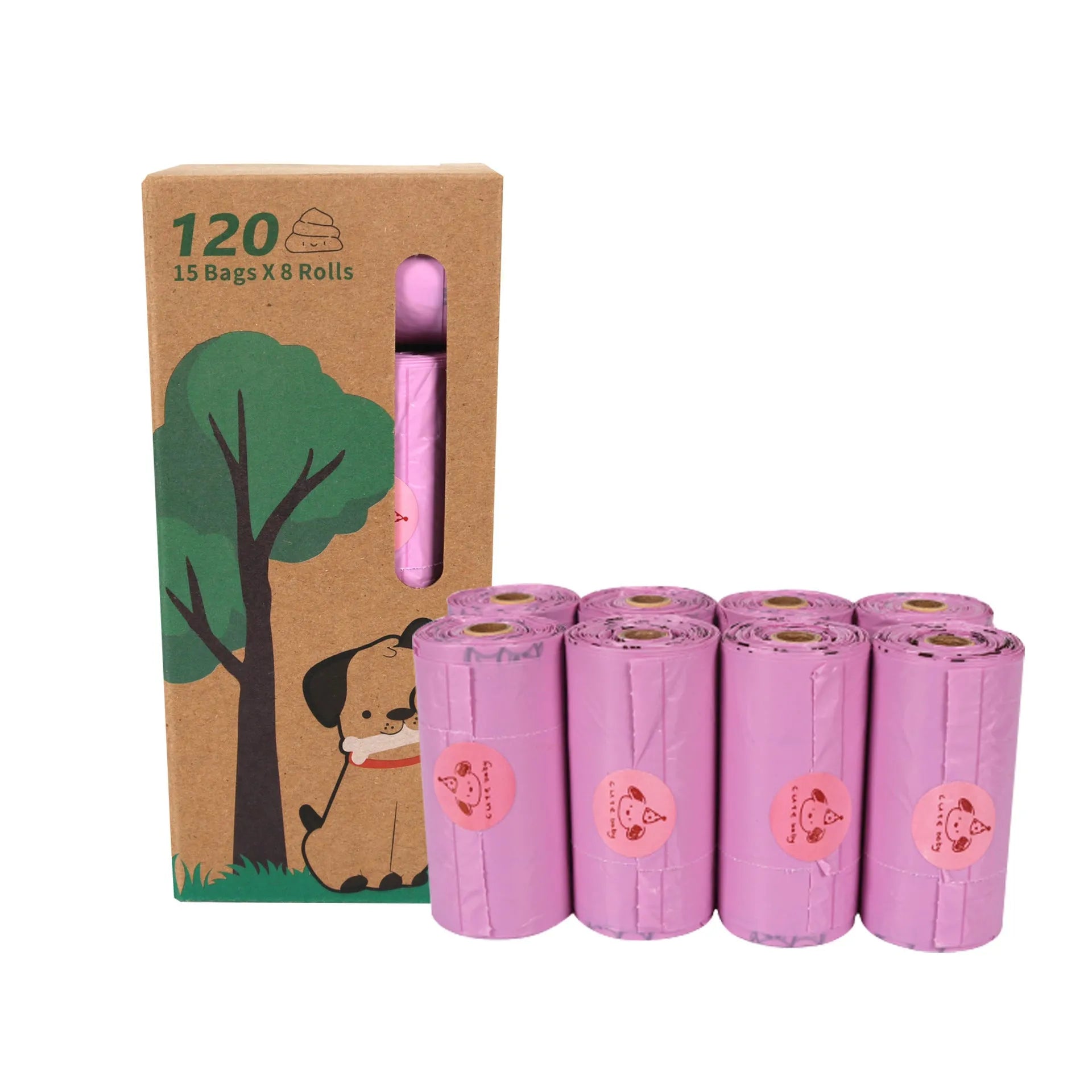 Roll of army green degradable dog waste bags with black bone print, showing bag size and dispenser.