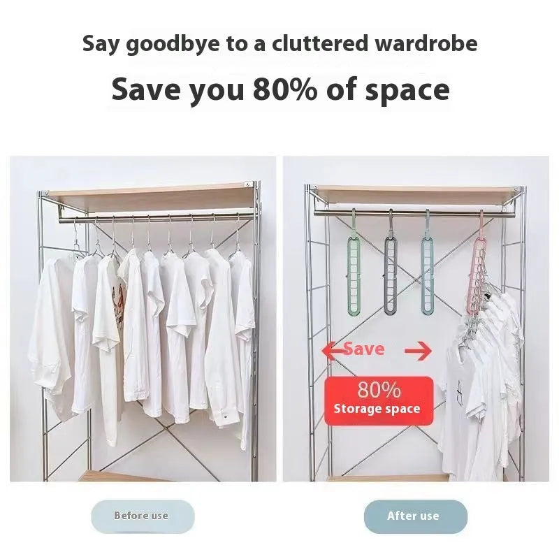 A green plastic multifunctional hanger with nine holes for trousers, shown in a folded and unfolded position.