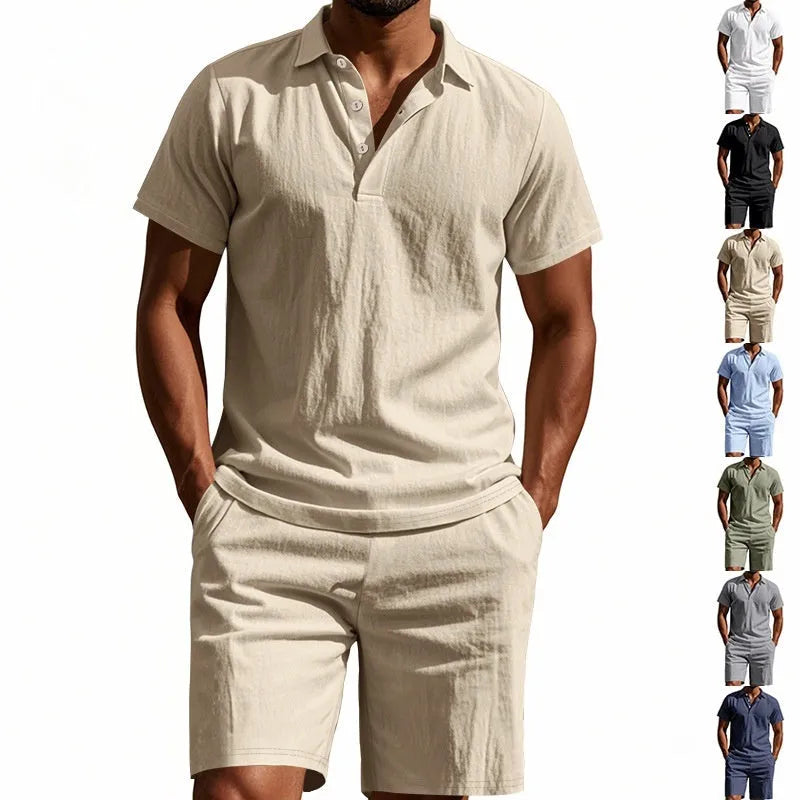 Men's light-coloured linen shorts suit with short sleeve top and matching shorts for summer casual wear