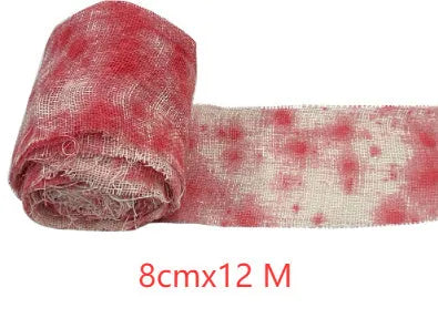 Halloween bloody red and white polyester gauze bandage rolls showing 8cm width, for decorations and costumes.