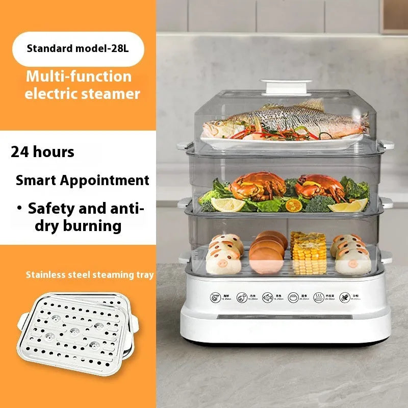 Electric steamer appliance with stainless steel finish and steaming rack