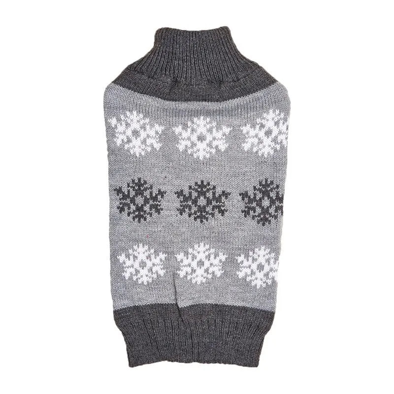 Grey and brown snowflake patterned acrylic knit dog sweater for Christmas and winter wear.