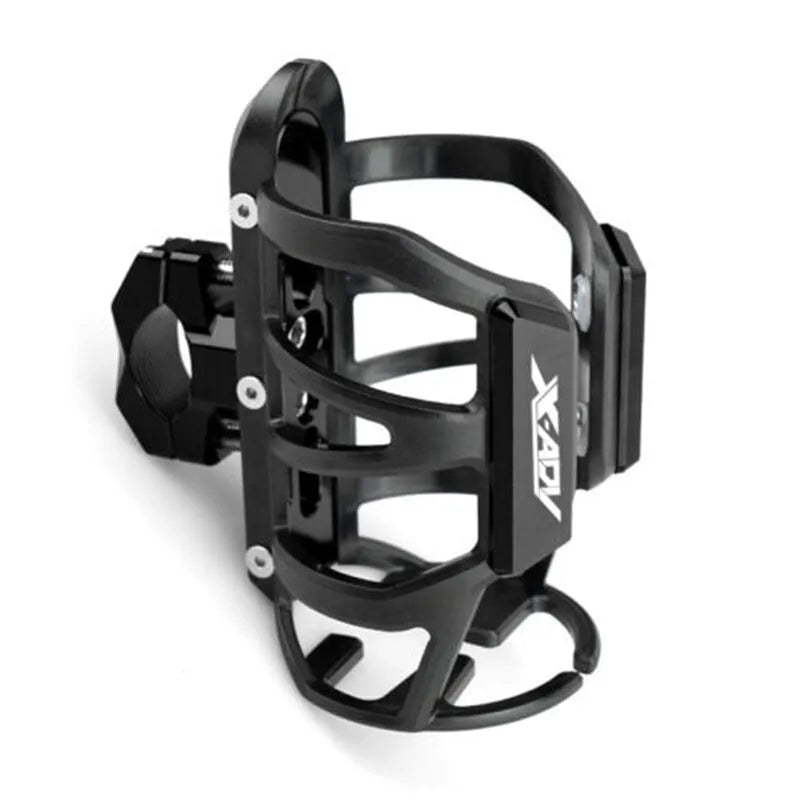 Metal alloy water bottle cage mounted to Honda X-ADV scooter pedal in black finish