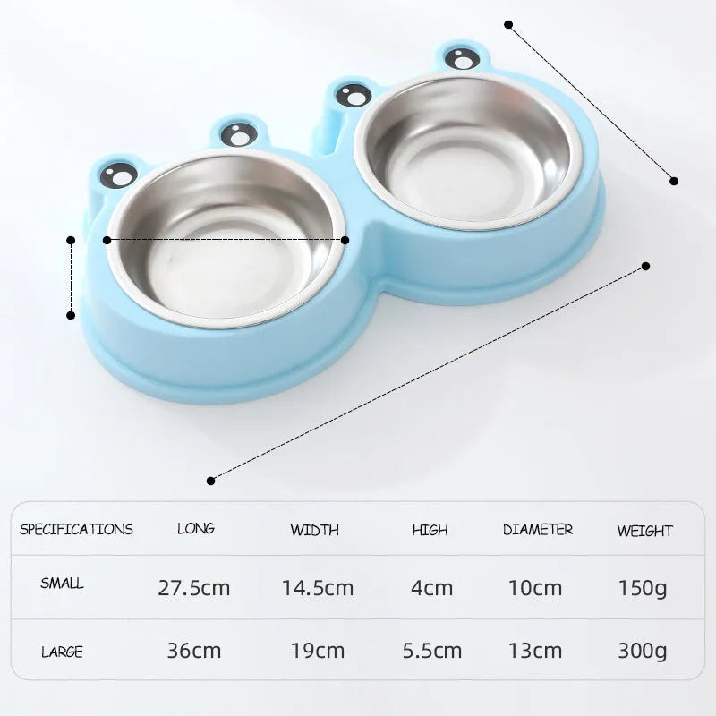 A stainless steel pet bowl with two compartments for water and food, shown in blue.