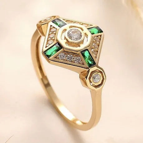 Emerald green square diamond ring with geometric design and electroplated finish