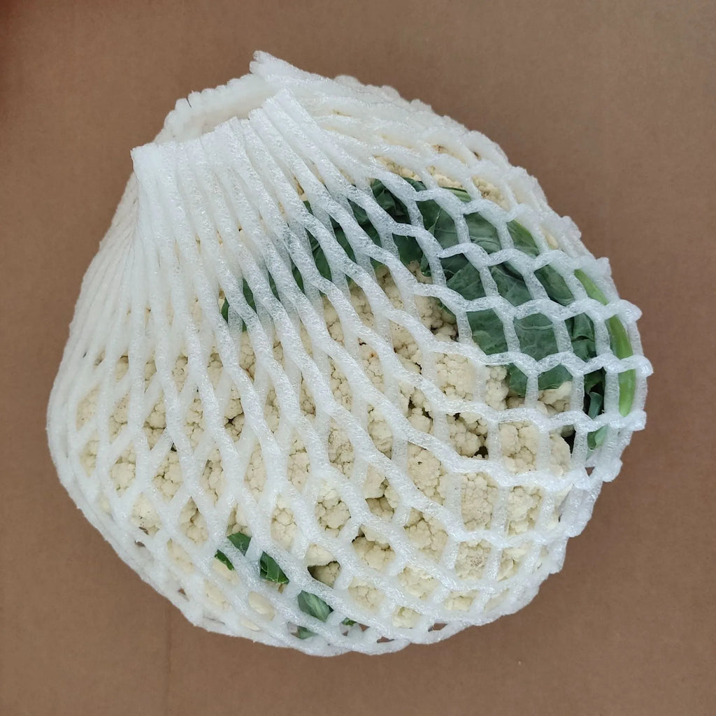 White foam net protective cover shown in various sizes for cushioning fruit and fragile items.