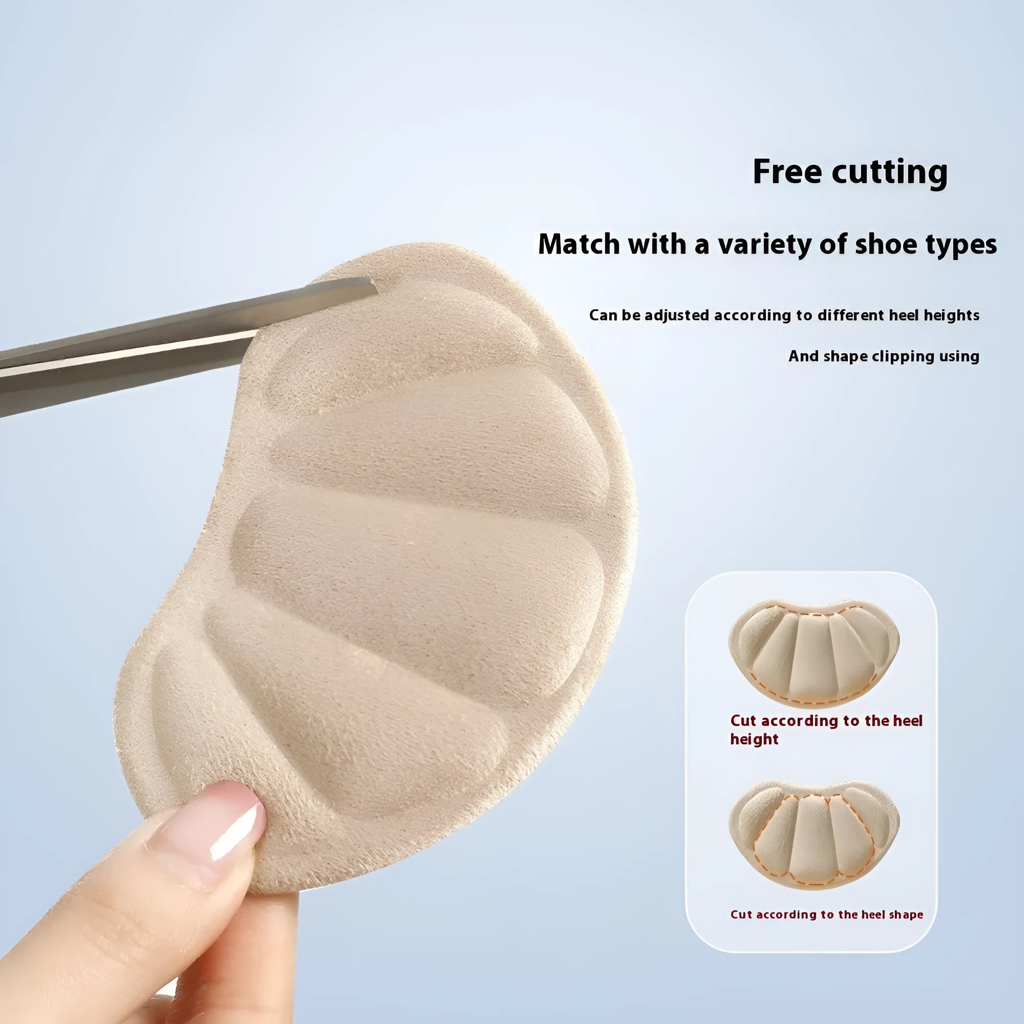 Three pairs of camel-coloured suede heel cushion pads with adhesive backing