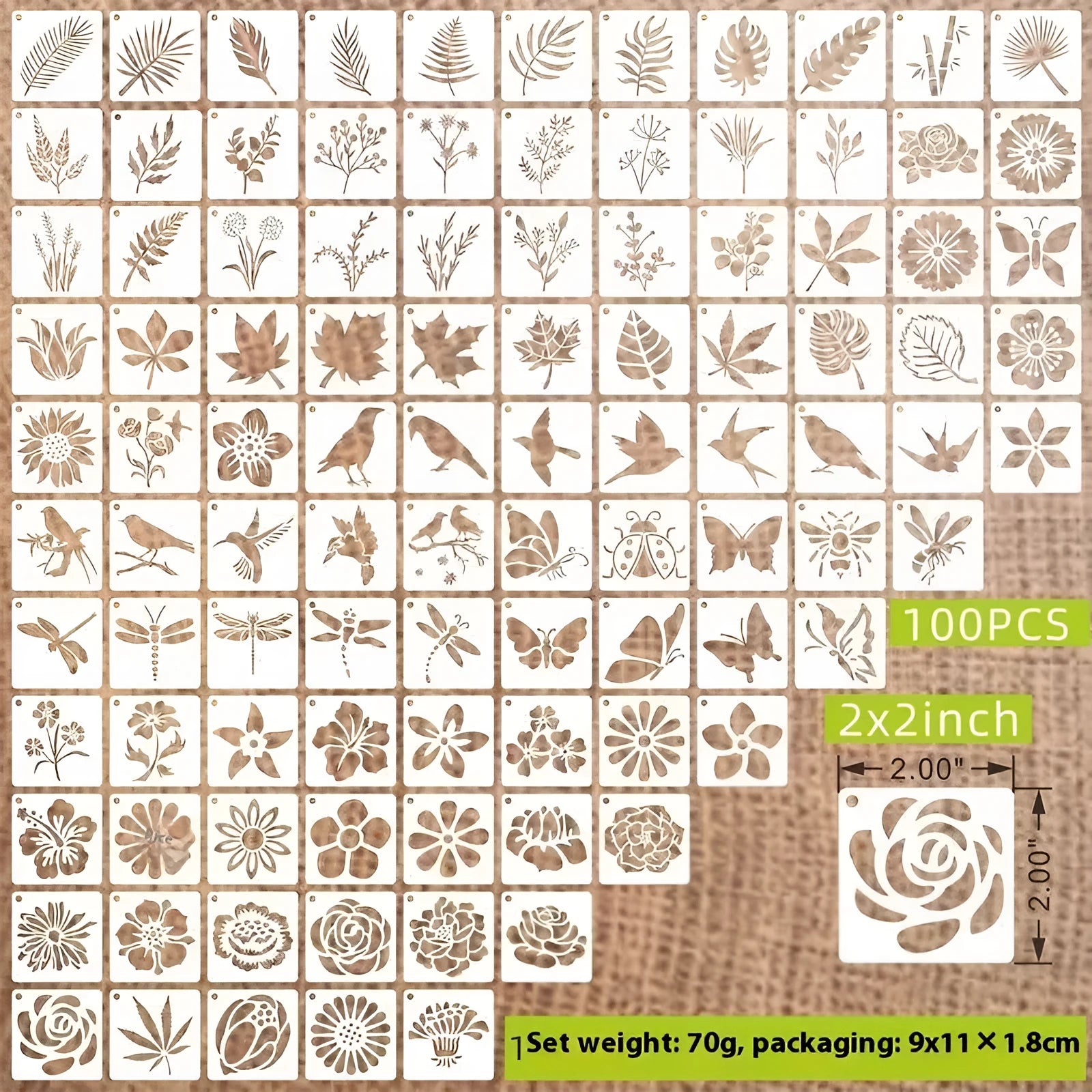 Milky white PET film stencils showing examples of 2-inch flower, animal, and letter designs.