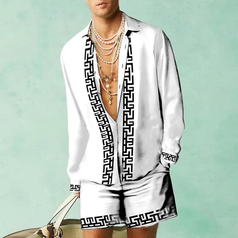 Men's loose fit slim style long sleeve shirt and matching shorts set on a hanger.
